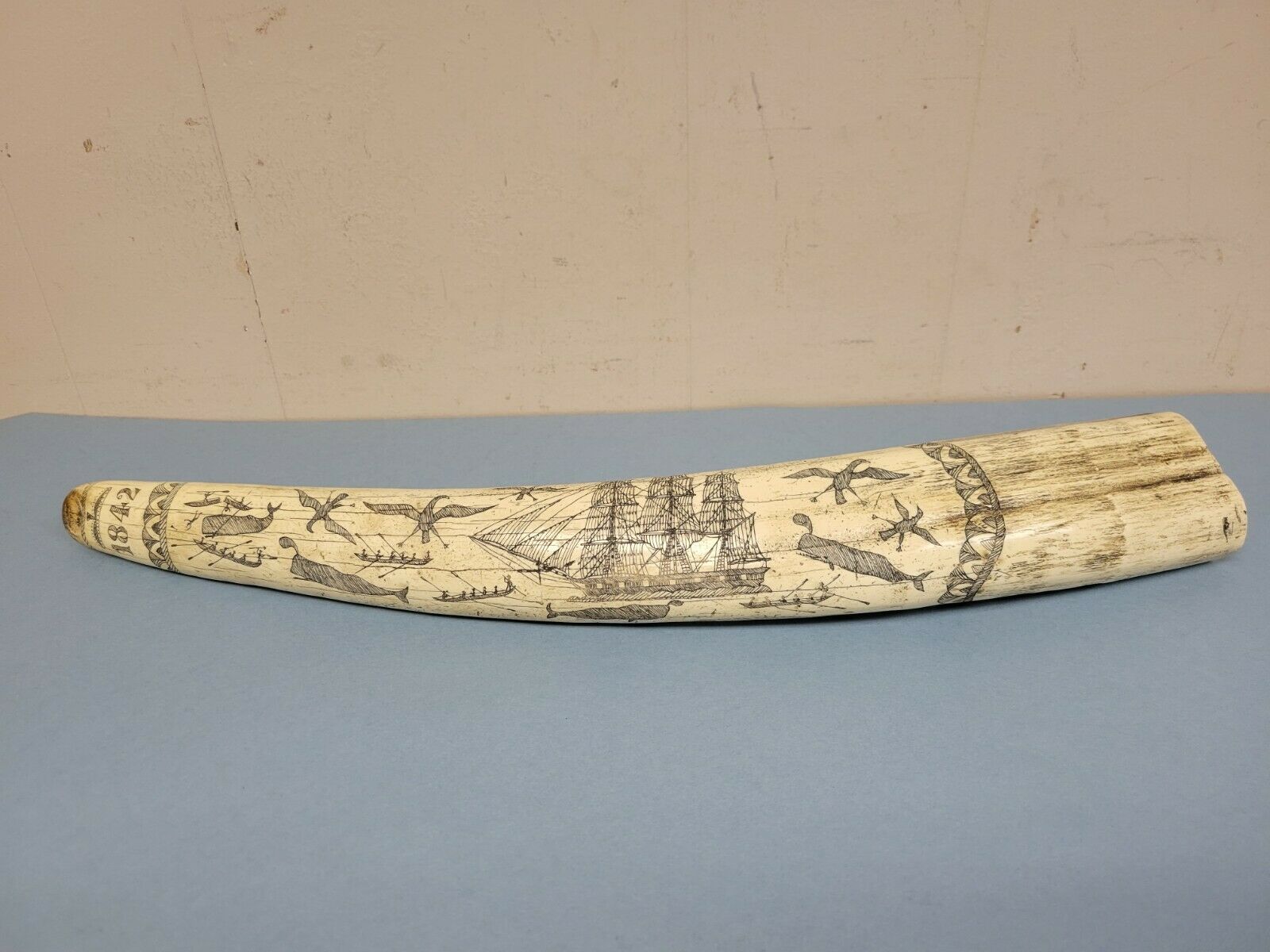Historic Scrimshaw Walrus Tusk "charles W Morgan" Resin  Reproduction 22"