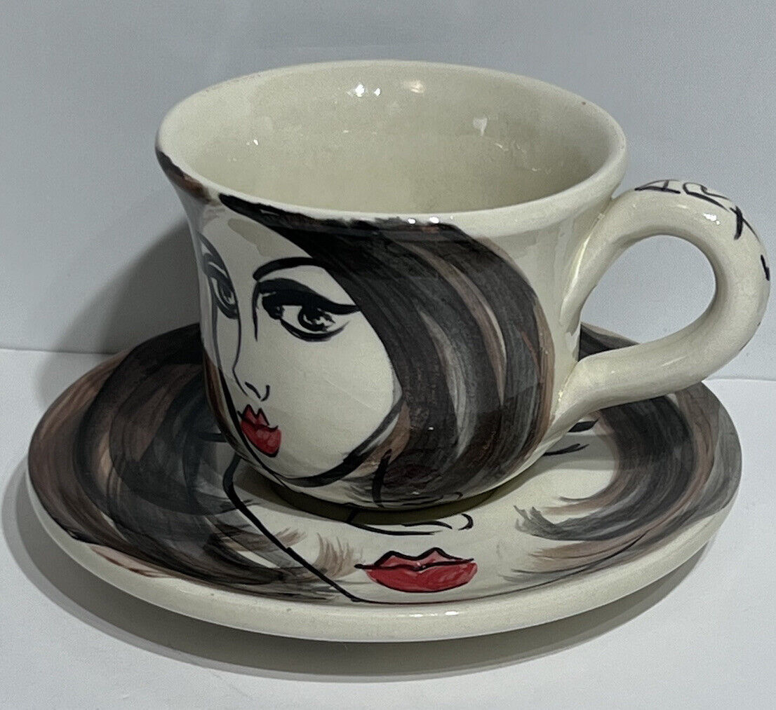 Toni R Hudson Cup & Saucer - Art Deco Design -hand Painted