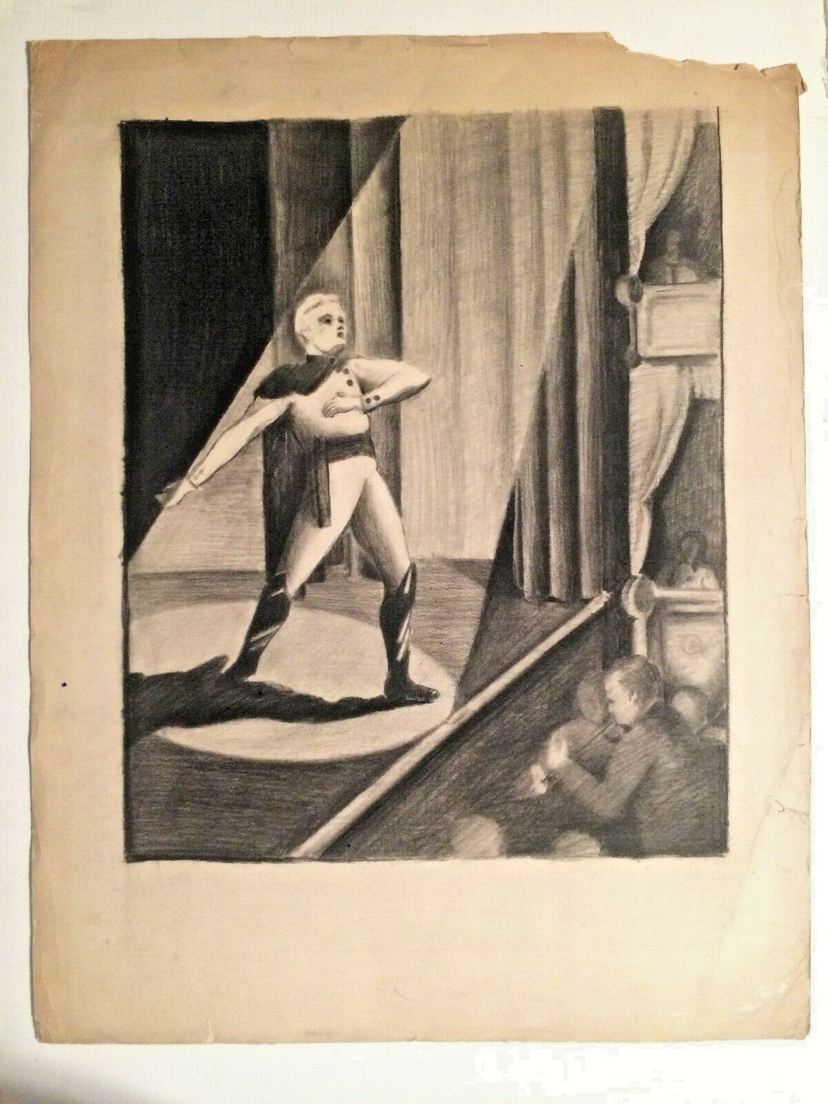Mid-century Charcoal Drawing Performer In Theater 19 X 15 Inches Unique Modern