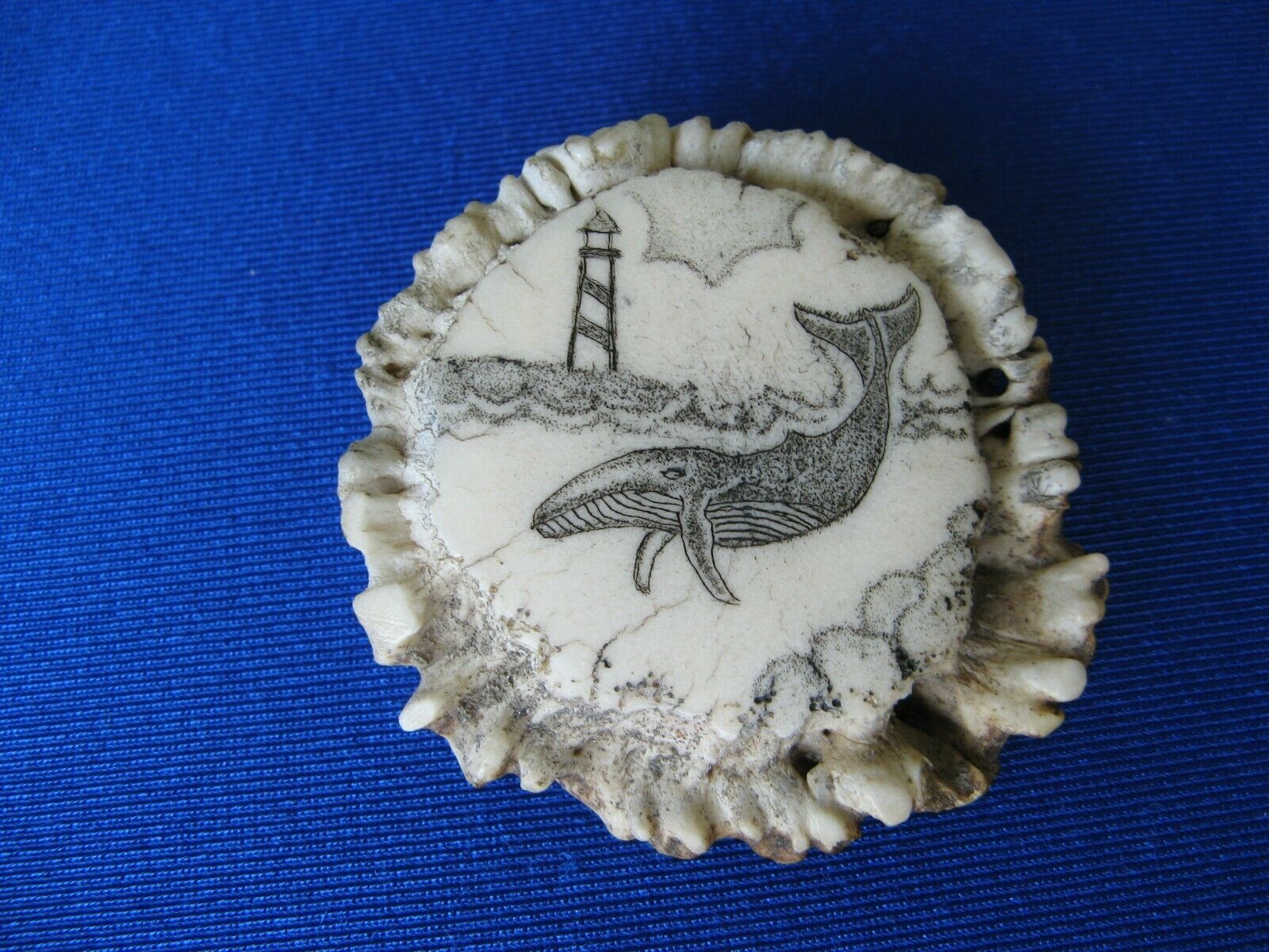 Hand Done Scrimshaw Whale And Lighthouse Scene On Antler