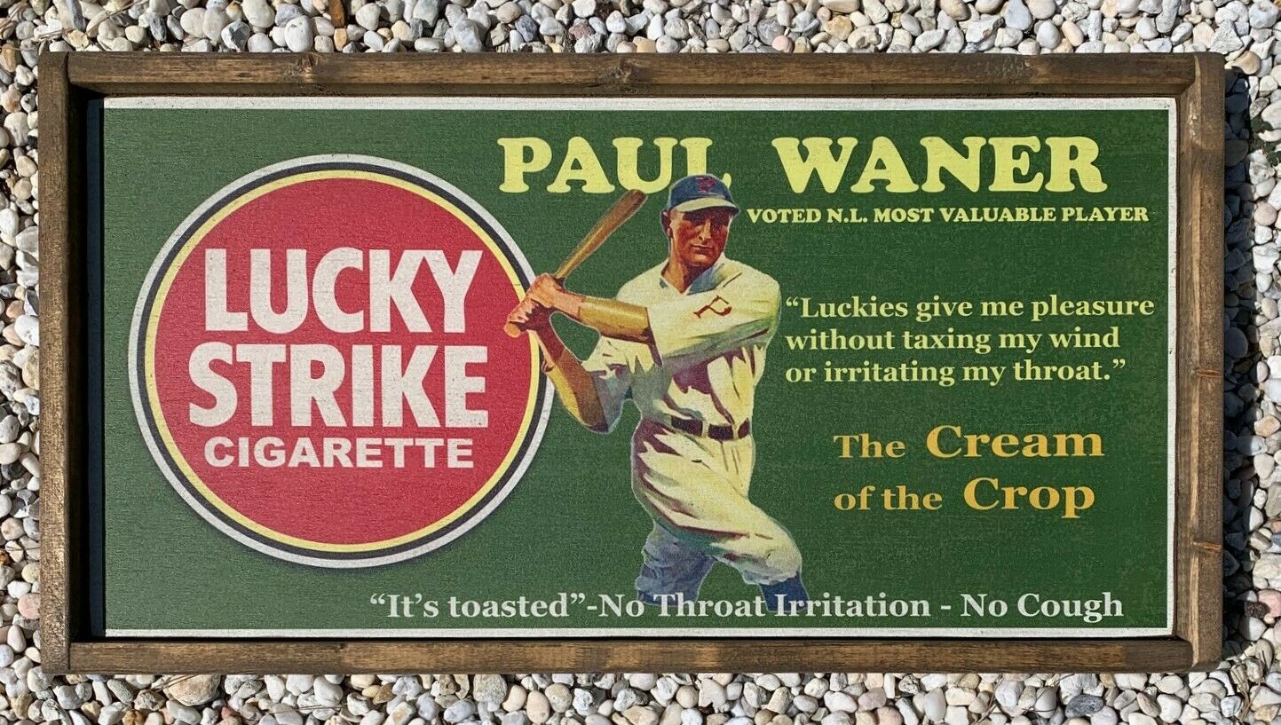 12x24 Lucky Strike Baseball Vintage Style Wooden Baseball Ad Sign - Paul Waner