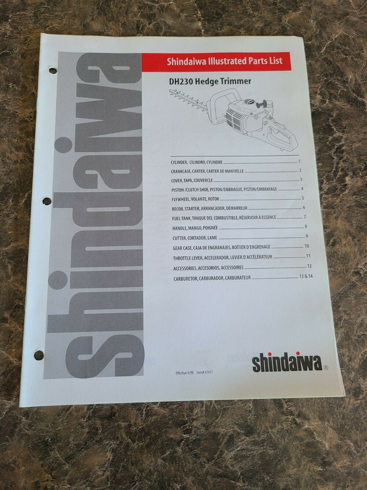 Shindaiwa Dh230 Hedge Trimmer Illustrated Parts List Manual 1998 Original