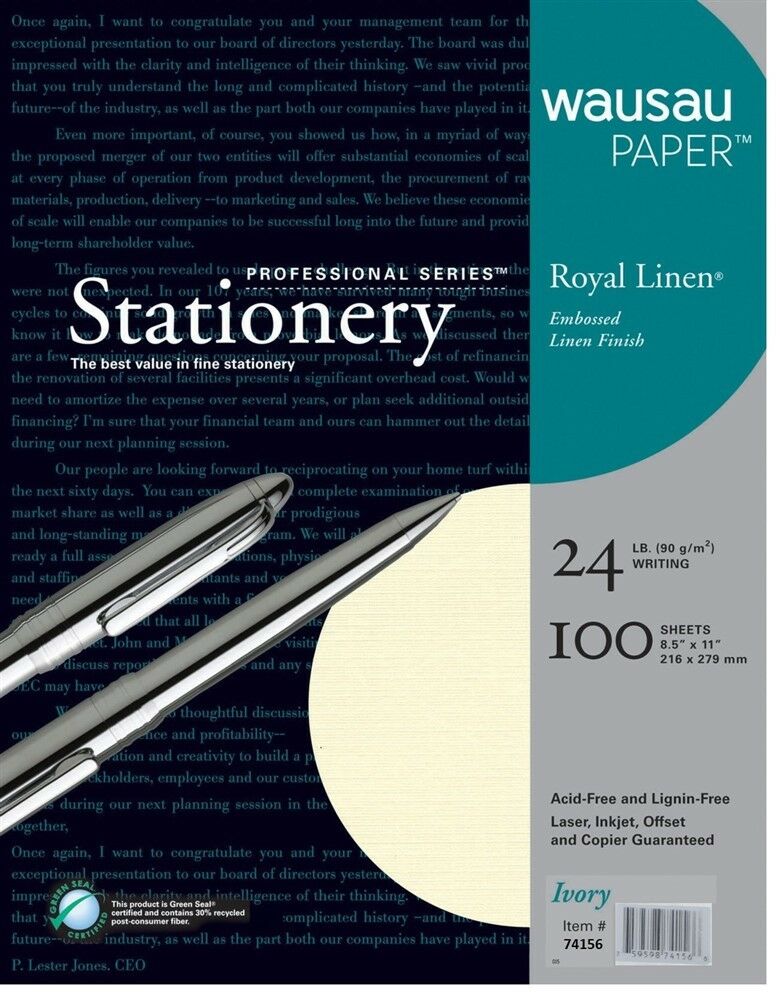 Royal Linen Ivory Stationery Resume Paper 8.5 X 11-24# 100 Sheet Package Wausau