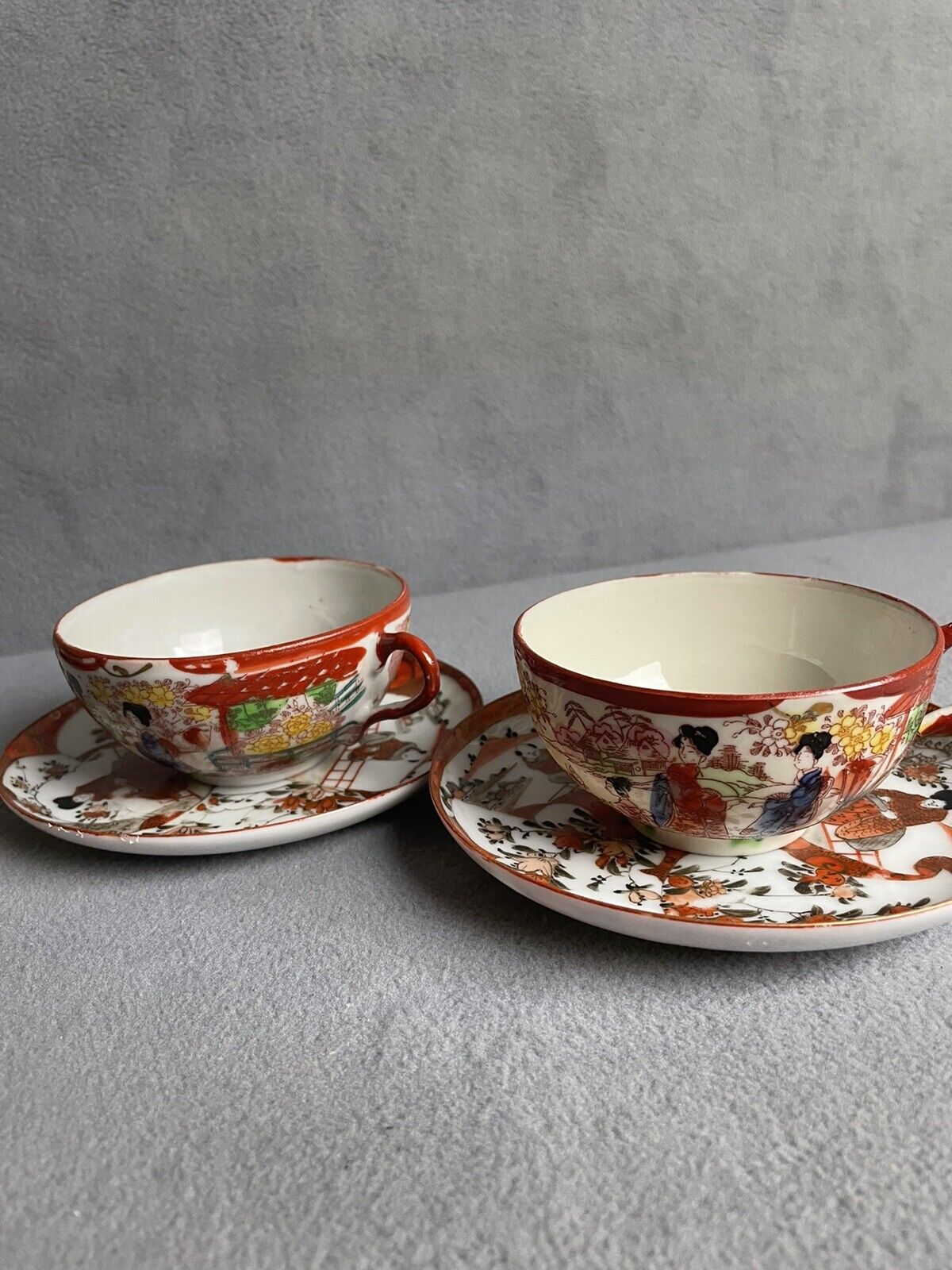 Vintage Japanese Eggshell Porcelain Handpainted Set Of 2 Teacups & Saucers