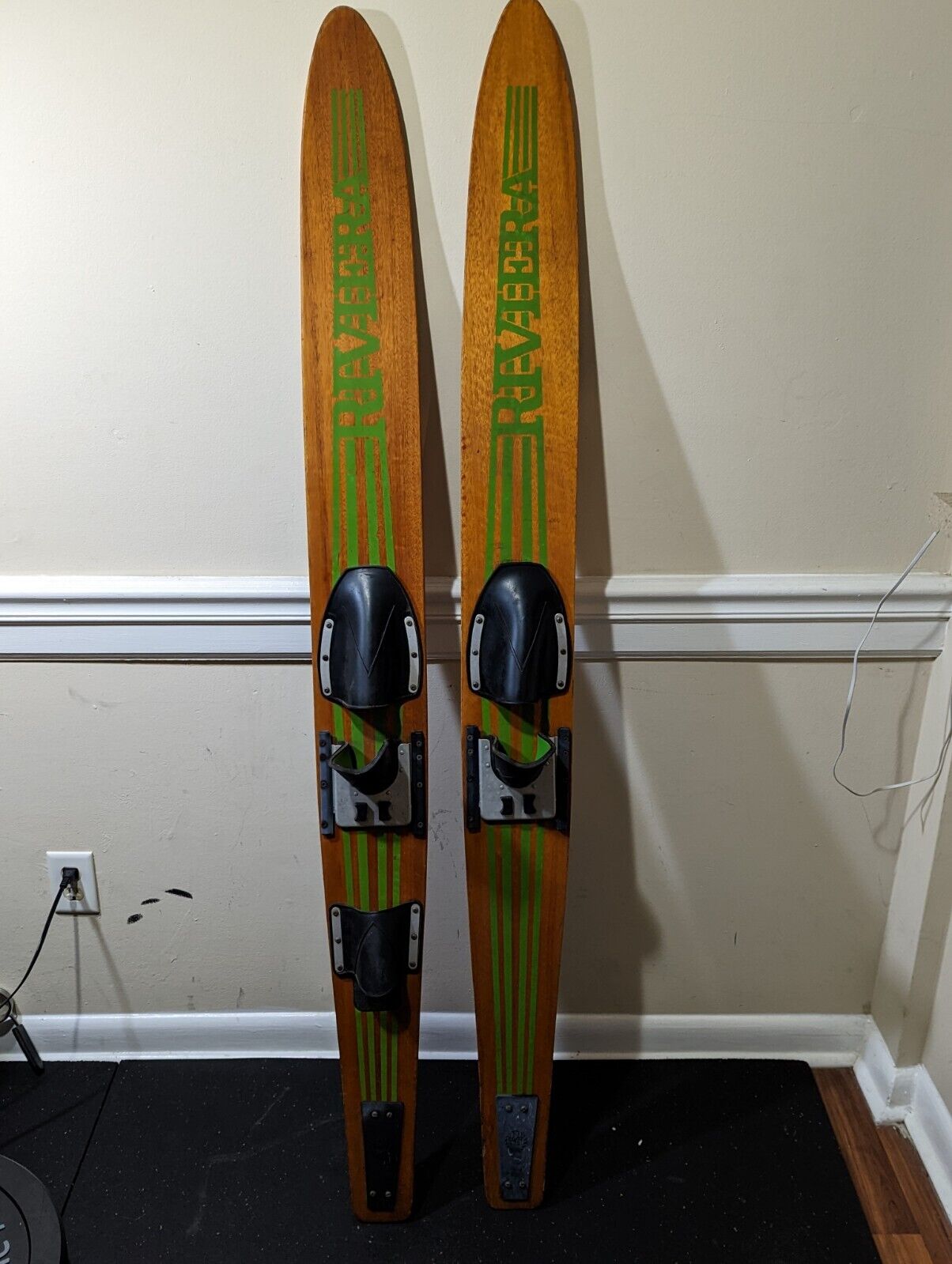Vintage Pair 67" Full Size Riviera Adjustable Binding Wood Water Skis , Green