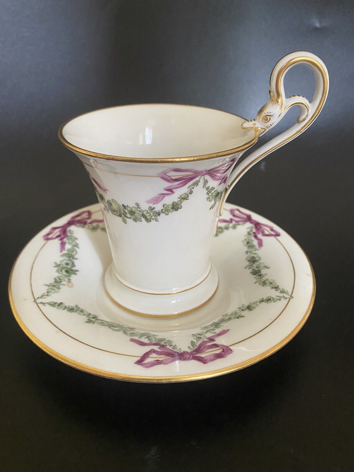 Meissen Swan Snake Handle Cup And Saucer Rose Swags And Purple Ribbons Bows