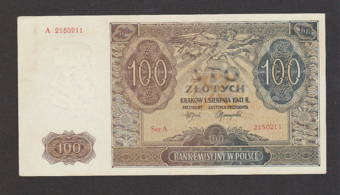 100  Zlotych Extra Fine Banknote From German Occupied Poland 1941 Pick-103