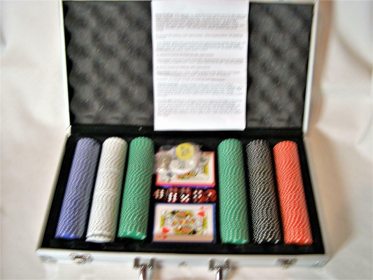 Premium Poker Playing Card Metal Travel Box Set 300 Chips 2 Decks 5 Dice +