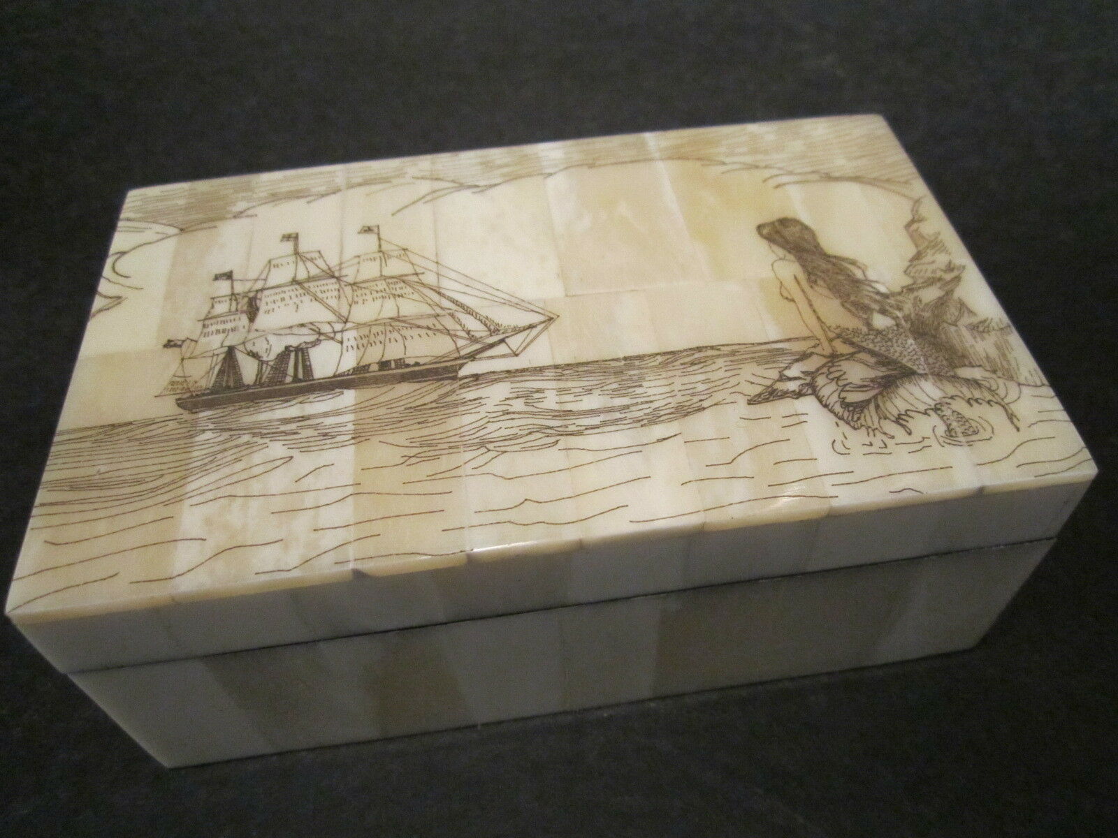 Antique Style Folk Art Mermaid Scrimshaw Etched Bone & Wood Trinket Box