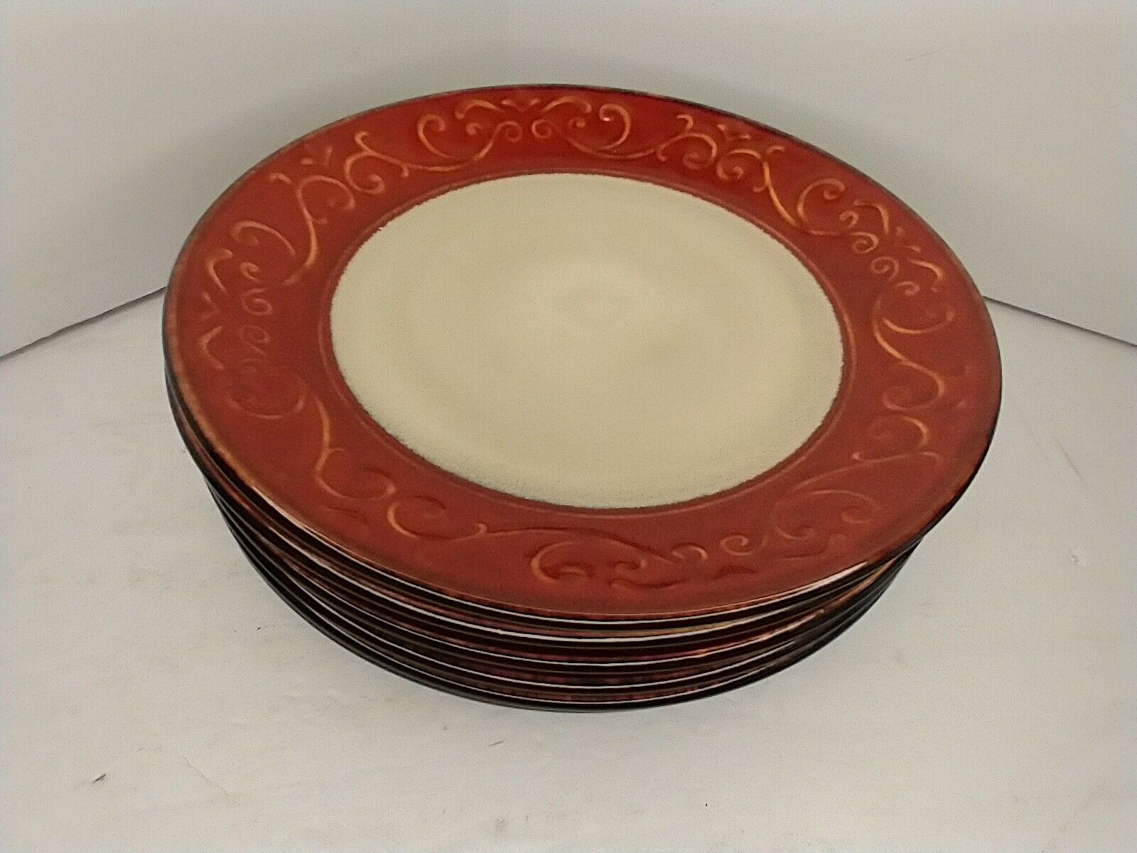 6 - Pier 1 Import Stoneware Red Scroll Salad Plates