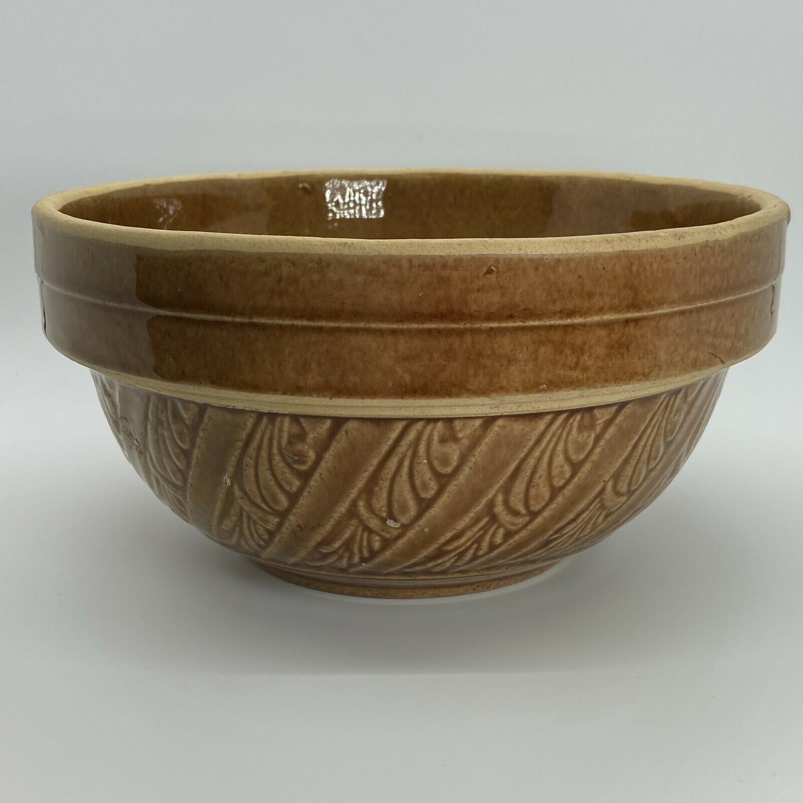 Vintage Stoneware Crock Mixing Bowl Caramel Brown Glaze 8” Scrolled Bands