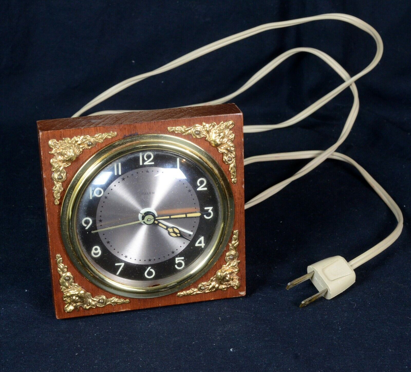 Vintage Salem Brass Table Shelf Alarm Clock Electric Runs & Works