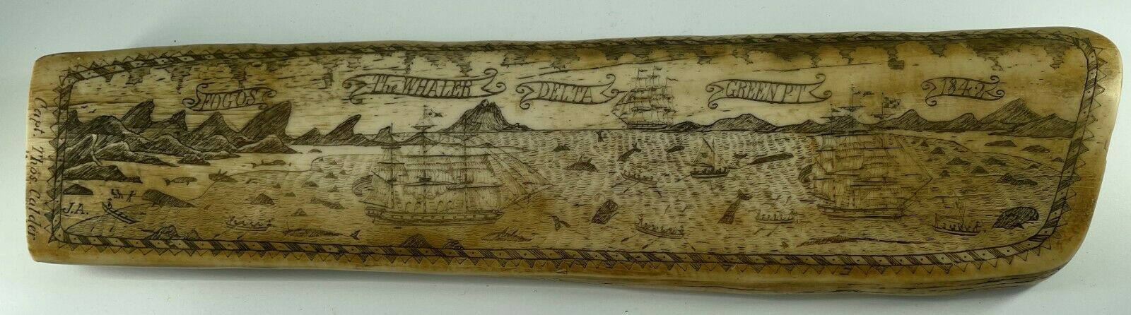 1842 Joseph Boyle Capt. Fogos, Whaler, Delta Green Pt, Replica Scrimshaw 17"