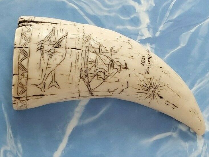 Vintage Scrimshaw Replica Whale Tooth, Ship Beatrice 1797, 6" Whaling Maritime