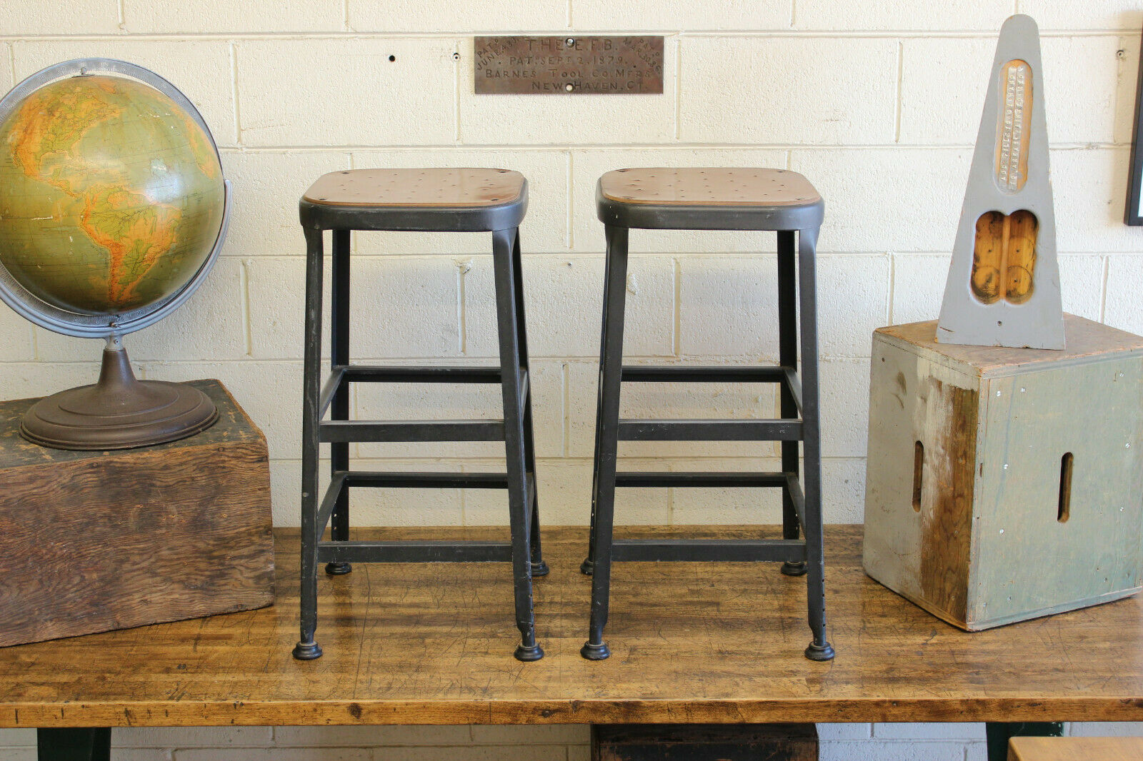 Pair X2 Vintage Industrial Lyon Era Steel Stool Chair Factory 30" Tall Counter