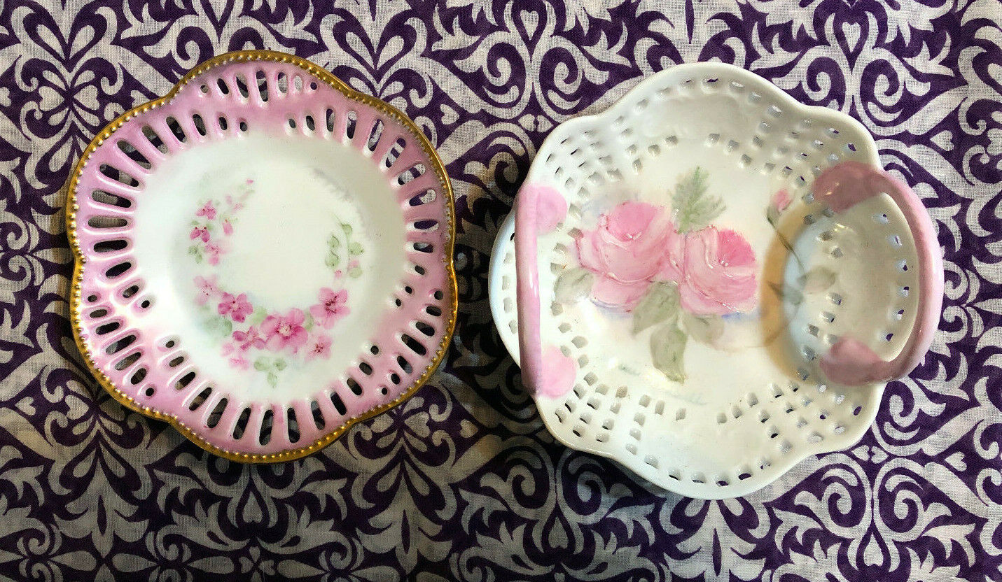 Hand-painted Porcelain Art, 2 Small Bowls, Pink Flower And Gold Trim