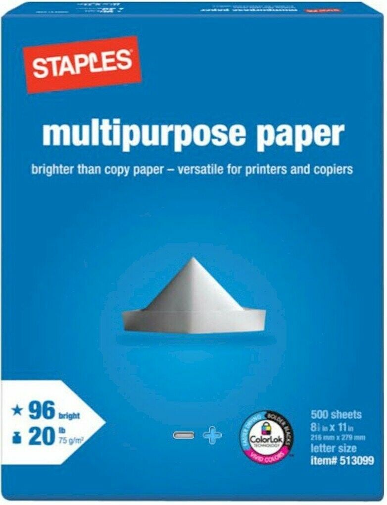 Staples Multipurpose Copy Paper 1-ream Of 500 8.5"x11" Sheets Printer/copier/fax