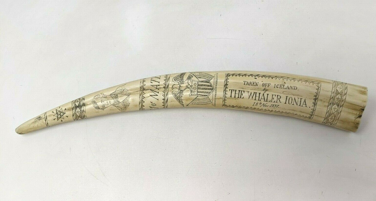 Vtg Reproduction 1837 The Whaler Ionia Iceland Resin Scrimshaw Walrus Tusk Hh21