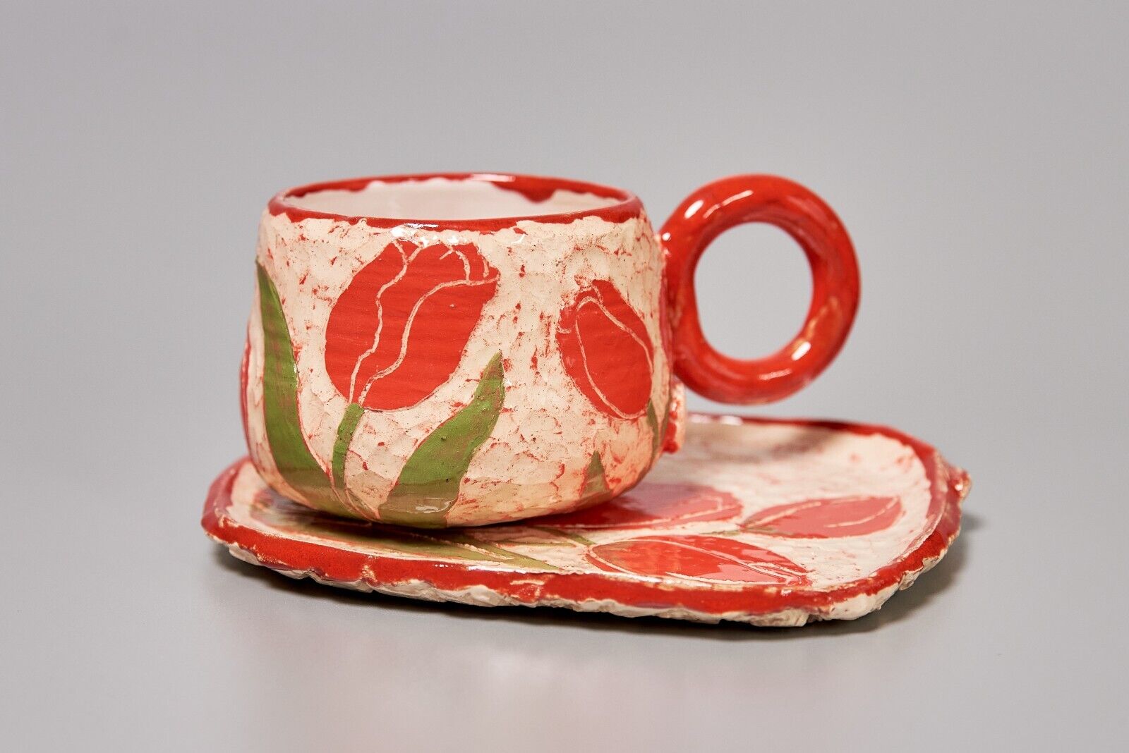Handmade Ceramic Tea Cup With Saucer. Handcraft Coffee Mug. Stoneware Mug