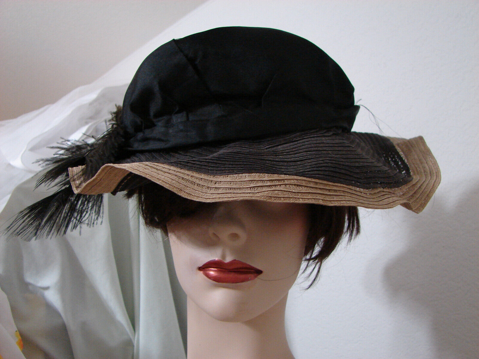 Paramount Studios Wardrobe Vintage Black Silk Flexible Straw Hat With Feathers