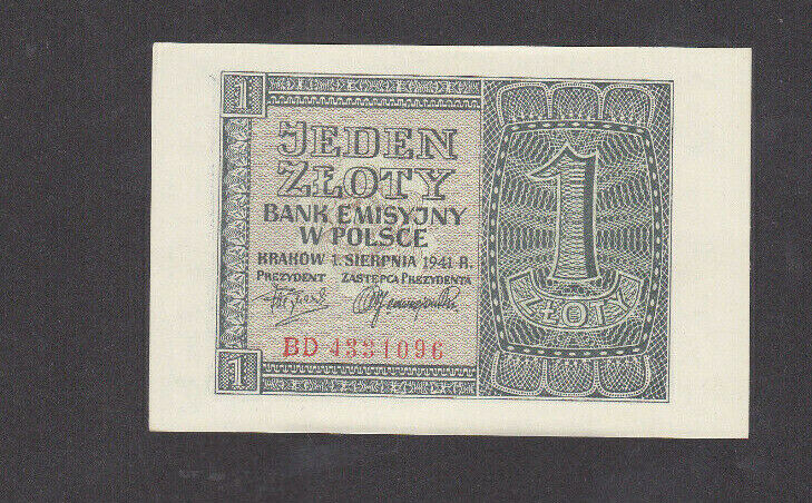 1 Zloty Aunc Banknote From German Occupied Poland 1941 Pick-99