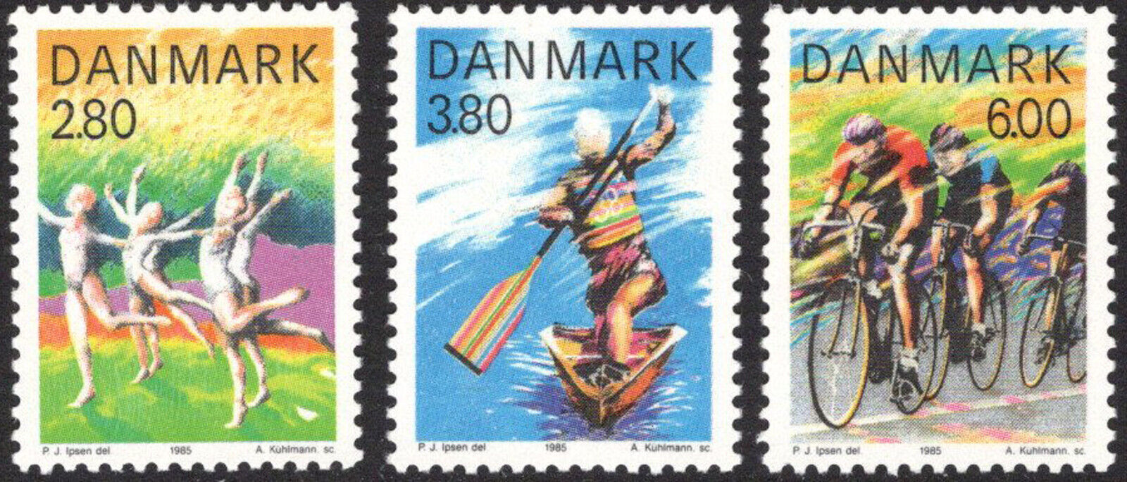 1985 Denmark #780-782 Sports Recreation Canoe Kayak Cycling Bicycles